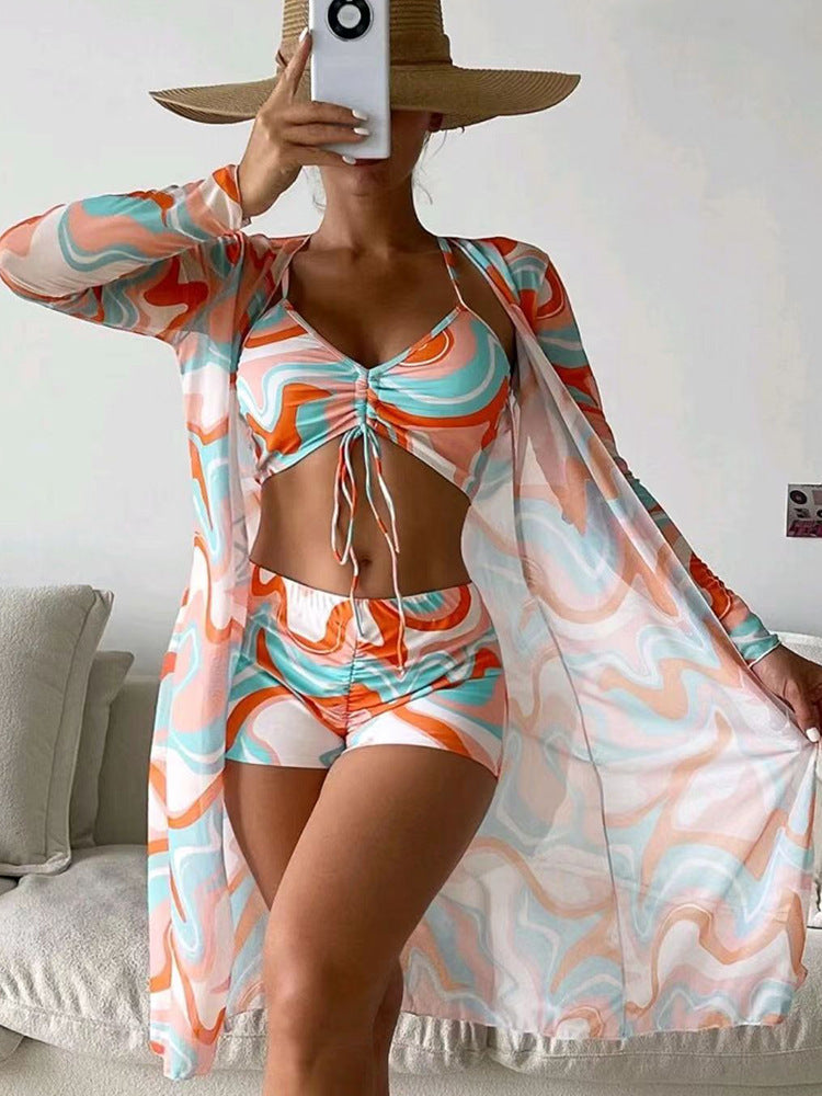 Boho Breeze 3-Piece Beach Set – Crop Top, High-Waist Shorts & Flowy Cover-Up Bikini With Long Sleeve Cardigan Fashion Summer Beach Swimsuit Women