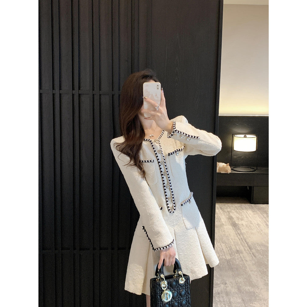 Chic Pleated Skirt Detail Long Sleeve Dress Women's French-style Tweed Dress