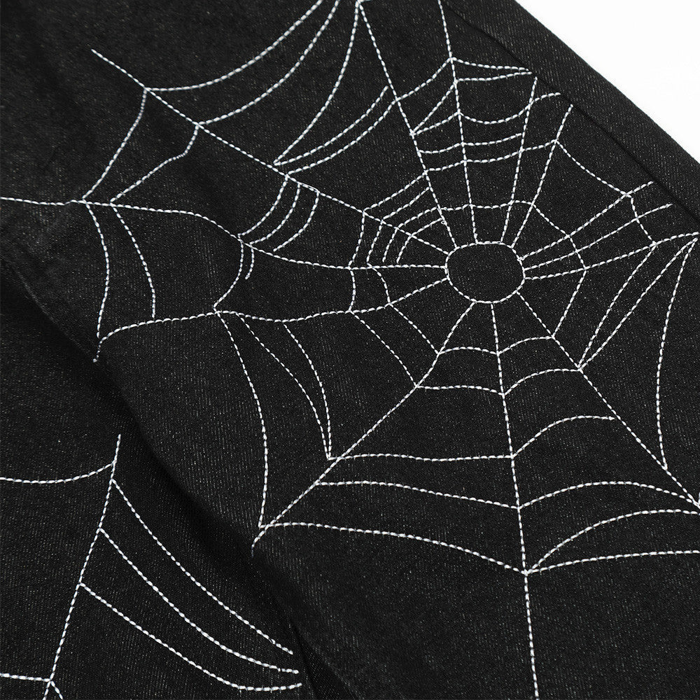 Webbed Edge – Black Denim with Spider Stitch Detail Spider Web Straight Jeans For Men And Women