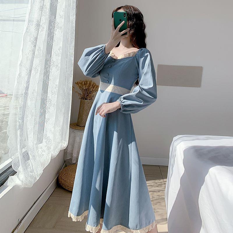 Elegant Vintage Style Long Sleeve Midi Dress French Retro Square Collar Dress