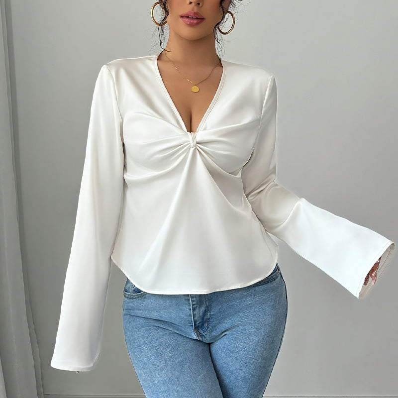 Elegant Solid Color V-neck Ruffled Front Flared Sleeve Shirt
