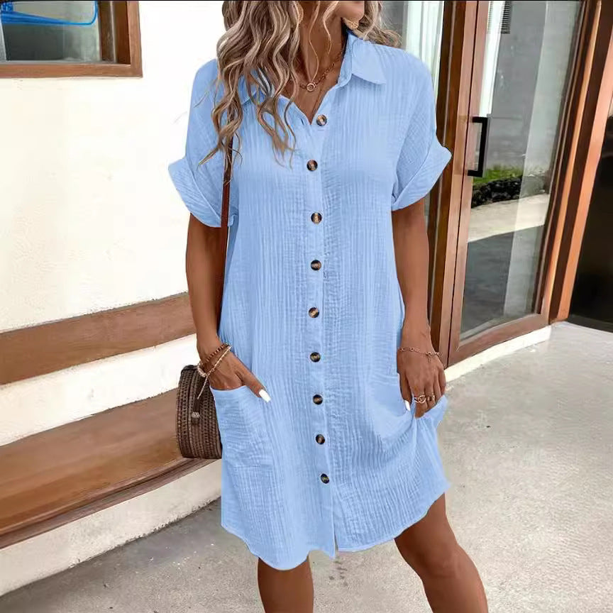 Summer Short Sleeve Shirt Dress Fashion Solid Color Single-breasted Mid-length Loose Dress For Women's