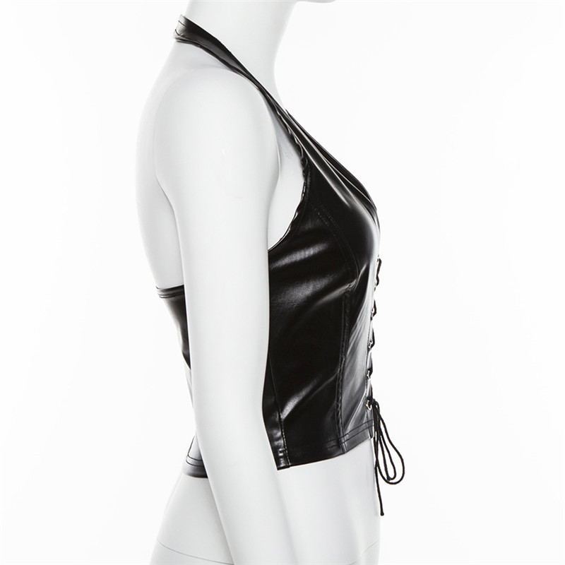 Edgy Faux Leather Lace-Up Halter Top for Women Hollow-out crop PU small vest female
