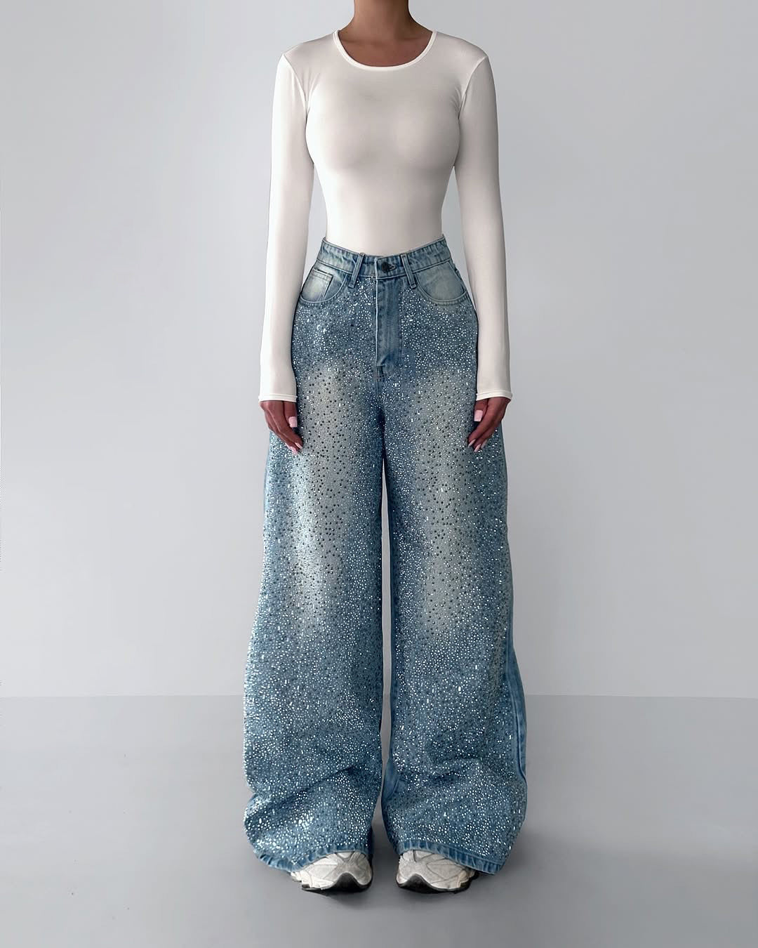 Glamorous Rhinestone Wide Leg Jeans Irregular Rhinestone Jeans