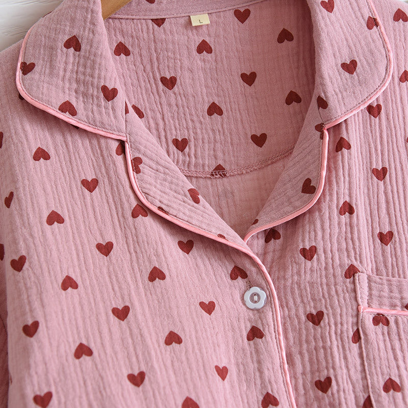 Cute Heart Print / Polka Dot Short Sleeve Pajama Set Double Layer Gauze Home Pajamas