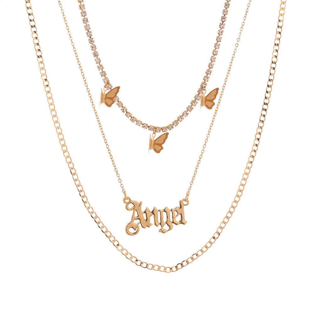 Layered "Angel" Pendant Necklace – Gold-Tone Statement with Butterflies Catch Chain Tassel Butterfly Letter Angel Multi-layer Temperament Necklace Accessories