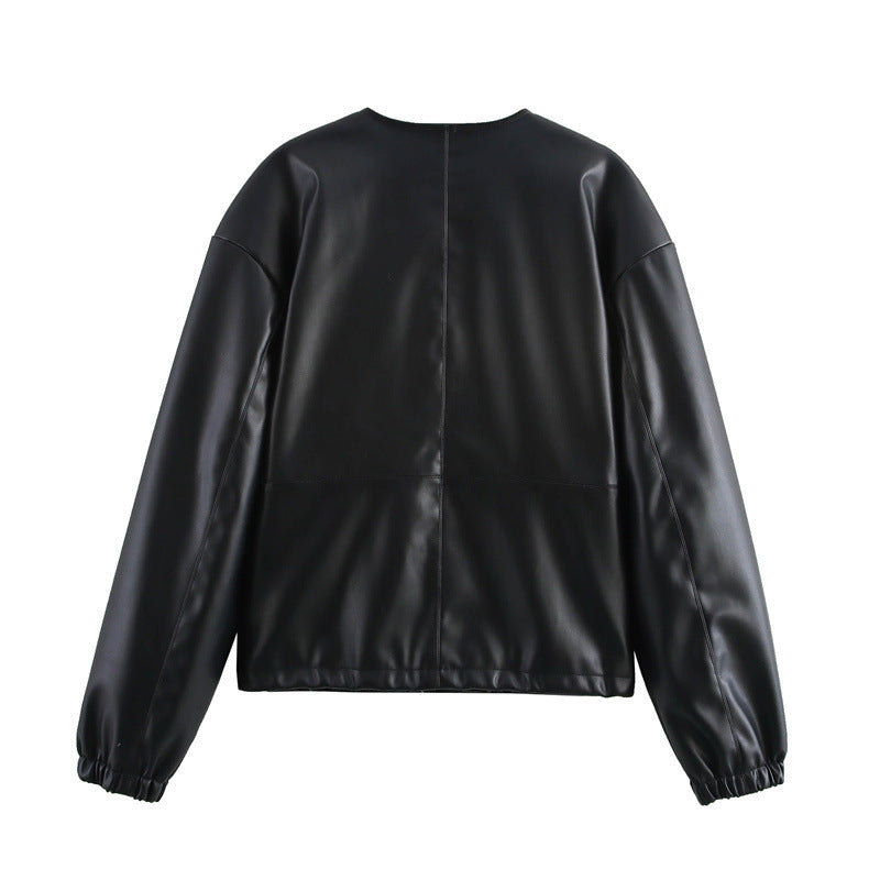 American Black Faux Leather Snap-Button Jacket – Minimalist Bomber Style Single-breasted Round Neck Short Jacket