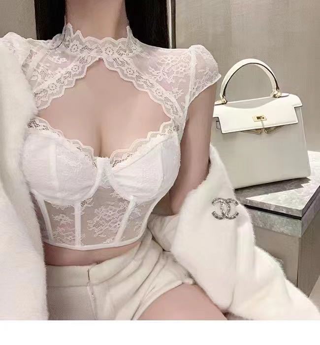 Black Lace Mesh Crop Top European And American Style Lace Diamond Sexy Cutout Steel Ring Fishbone Slim Fit Crop-top Short Top