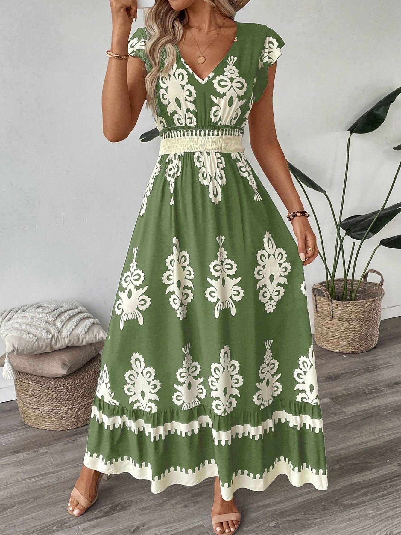 Trim Cap Sleeve Cinched Waist Ruffle Hem A-Line Dress For Women