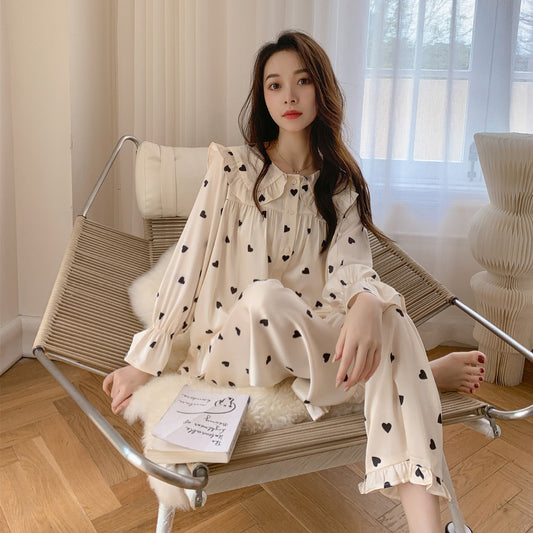 Sweet Ruffled Collar Long Sleeve Pajama Set with Mini Heart/Dot Print Style Pajamas Women's Korean Version Doll Collar Girl Long-sleeved Suit Loose Home