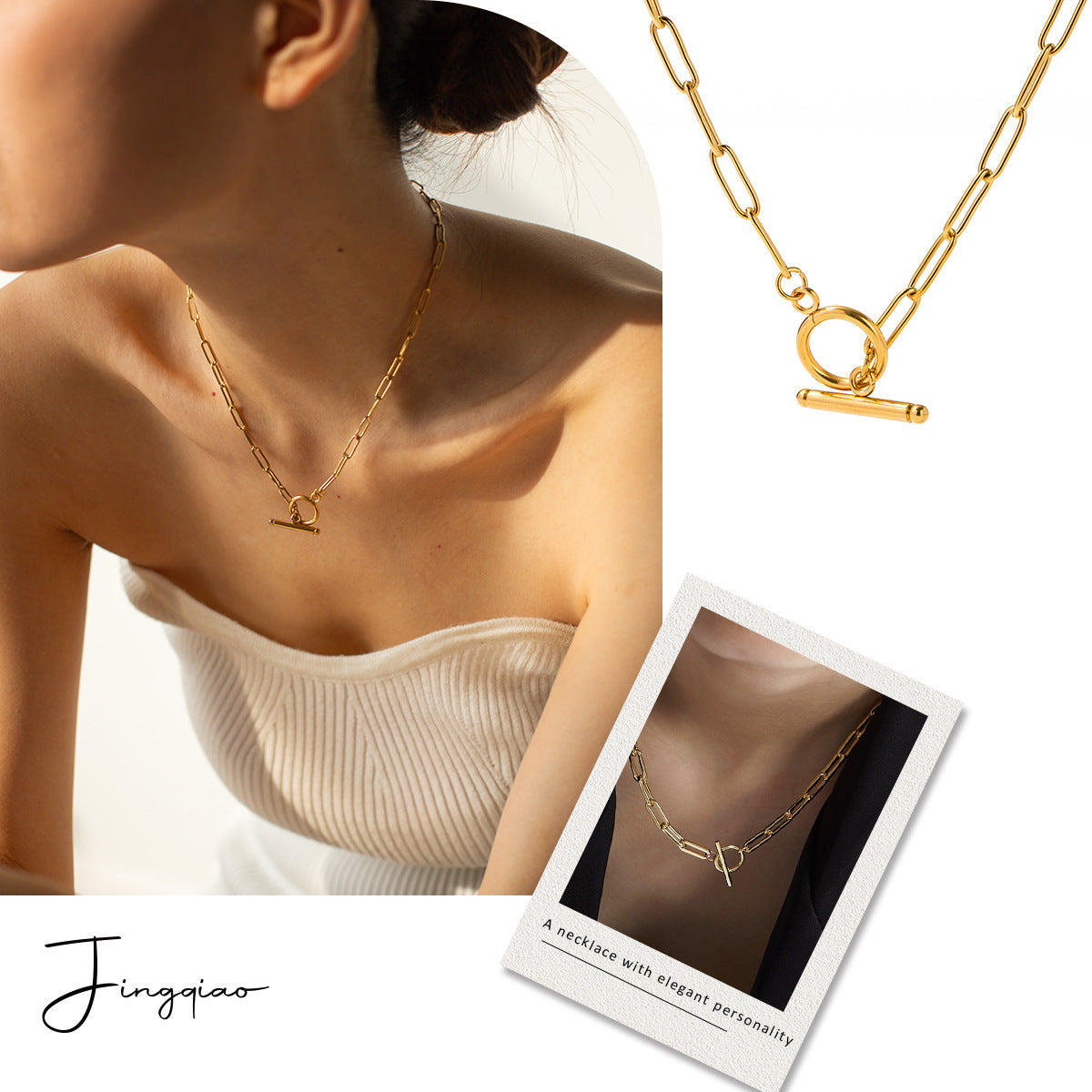 Modern Gold Link Necklace with T-Bar Clasp Fashion Clip Accessories Necklace For Women