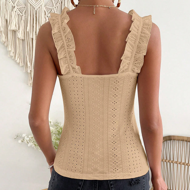 Ruffle Shoulder Square Neck Ribbed Knit Tank Top | Fitted Sleeveless Cami Women's Sleeveless Tank Tops Ruffle Strap Square Neck Eyelet Blouse Slim Fit