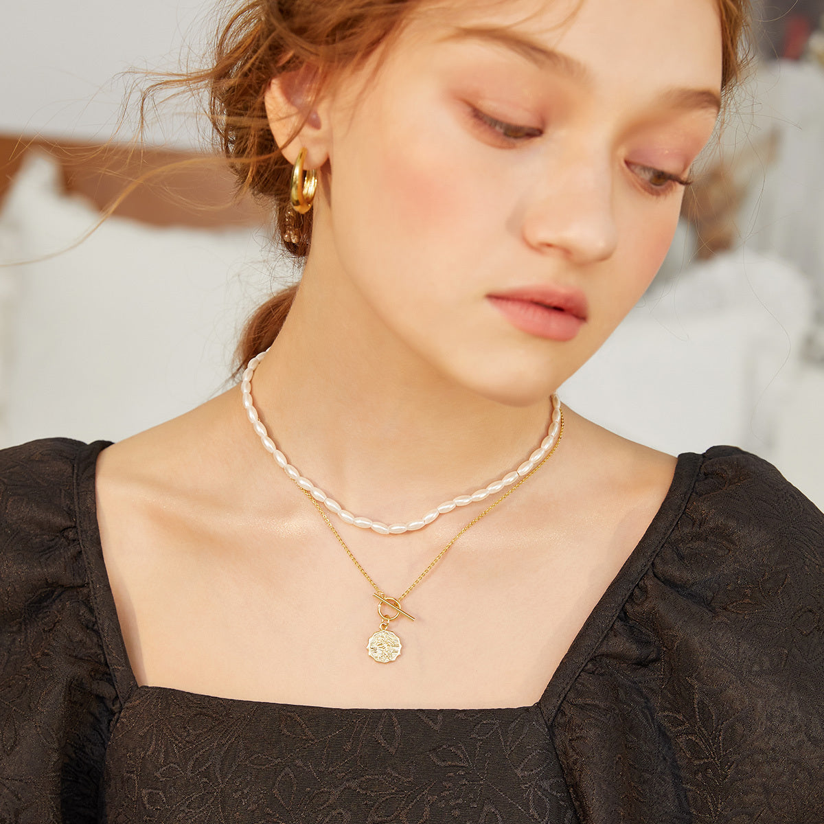 Layered Gold Coin & Pearl Necklace – Vintage Charm Meets Modern Grace Gold French Double Necklace