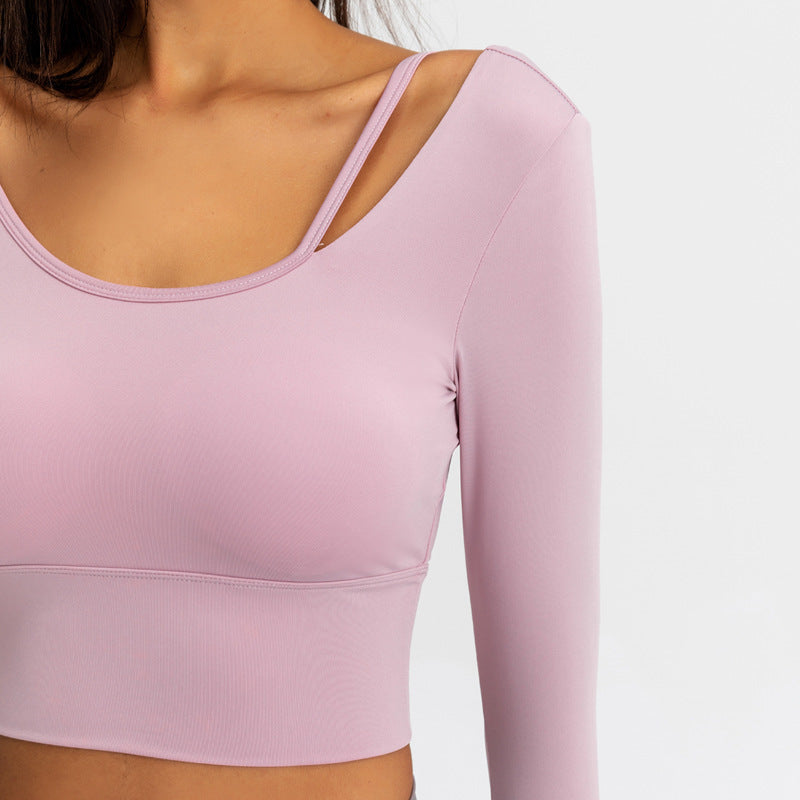 Asymmetrical Strap Long Sleeve Crop Top – Stretchy Ribbed Yoga & Athleisure Shirt for Women Yoga clothes top women
