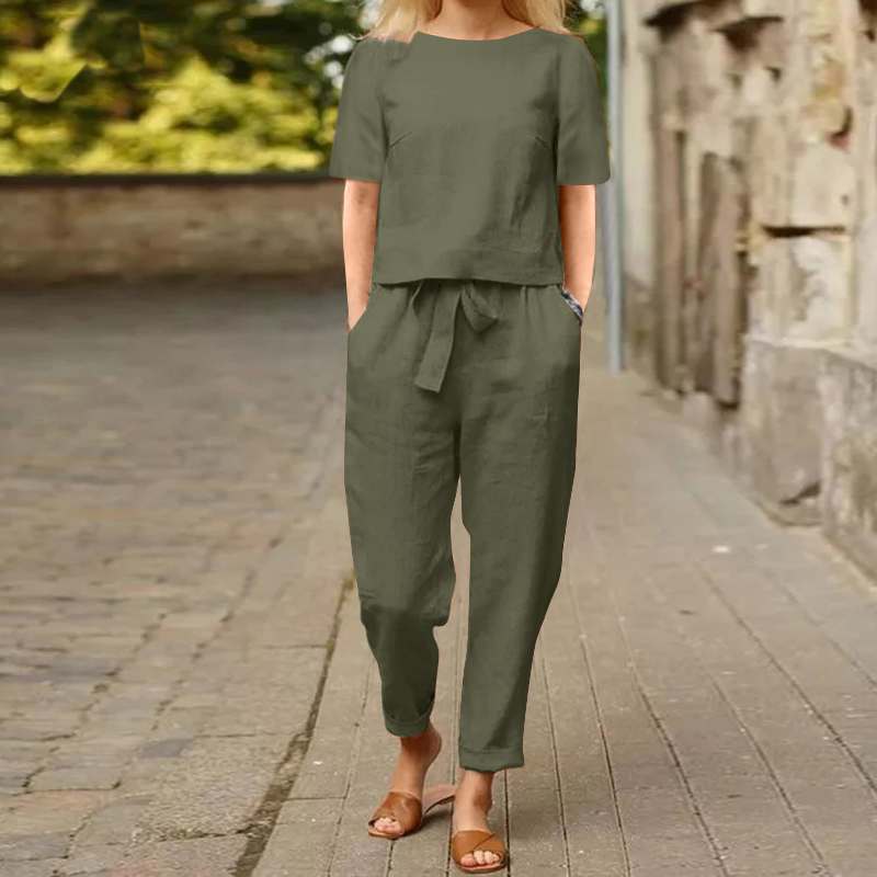 Cotton And Linen Wide-leg Pants Suit For Women's