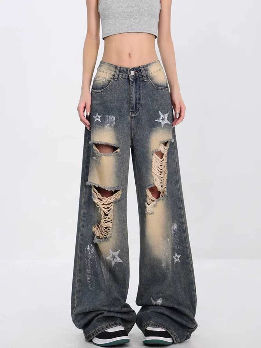 Star Patch Ripped Wide-Leg Jeans – Y2K Grunge Aesthetic Denim for Women High Street Loose American Retro XINGX Ripped Jeans For Women