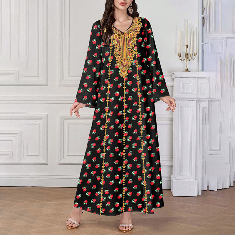 Ethnic Maxi Dress - Bohemian Embroidered Floral Print V-Neck Retro Long Dress