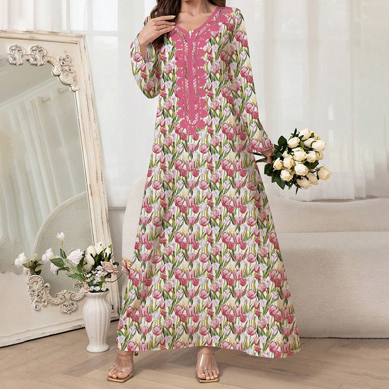 Elegant Pink Floral Print Maxi Dress Vacation Style Long Sleeve A-line Flowy Dress