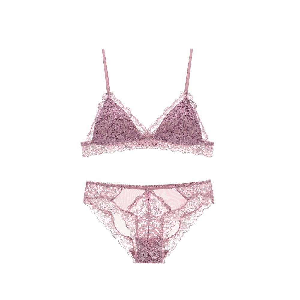 Lace Bralette & Panty Set - Delicate Wireless Lingerie Triangle Cup Bra Set