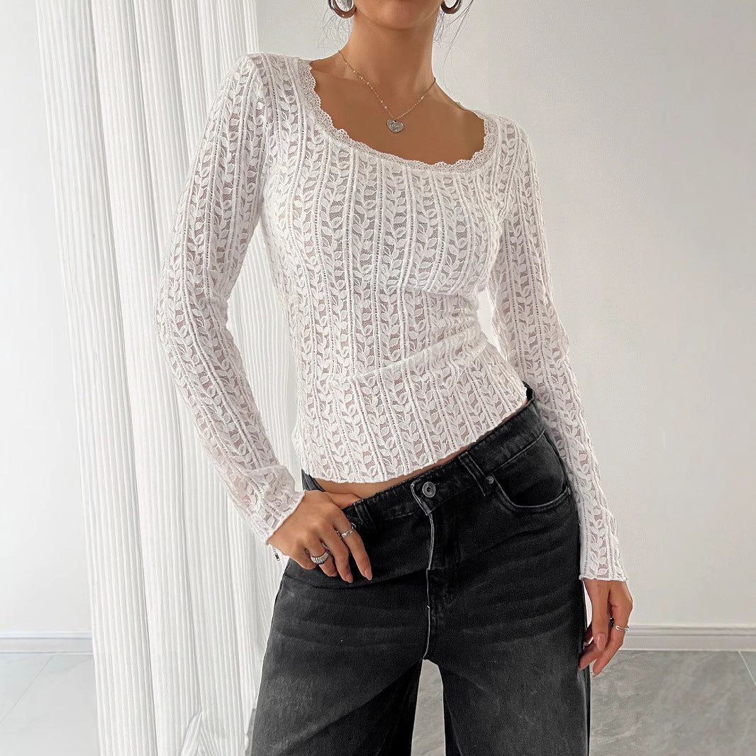 U-neck Long-sleeved Lace Lace Slim T-shirt Top Women