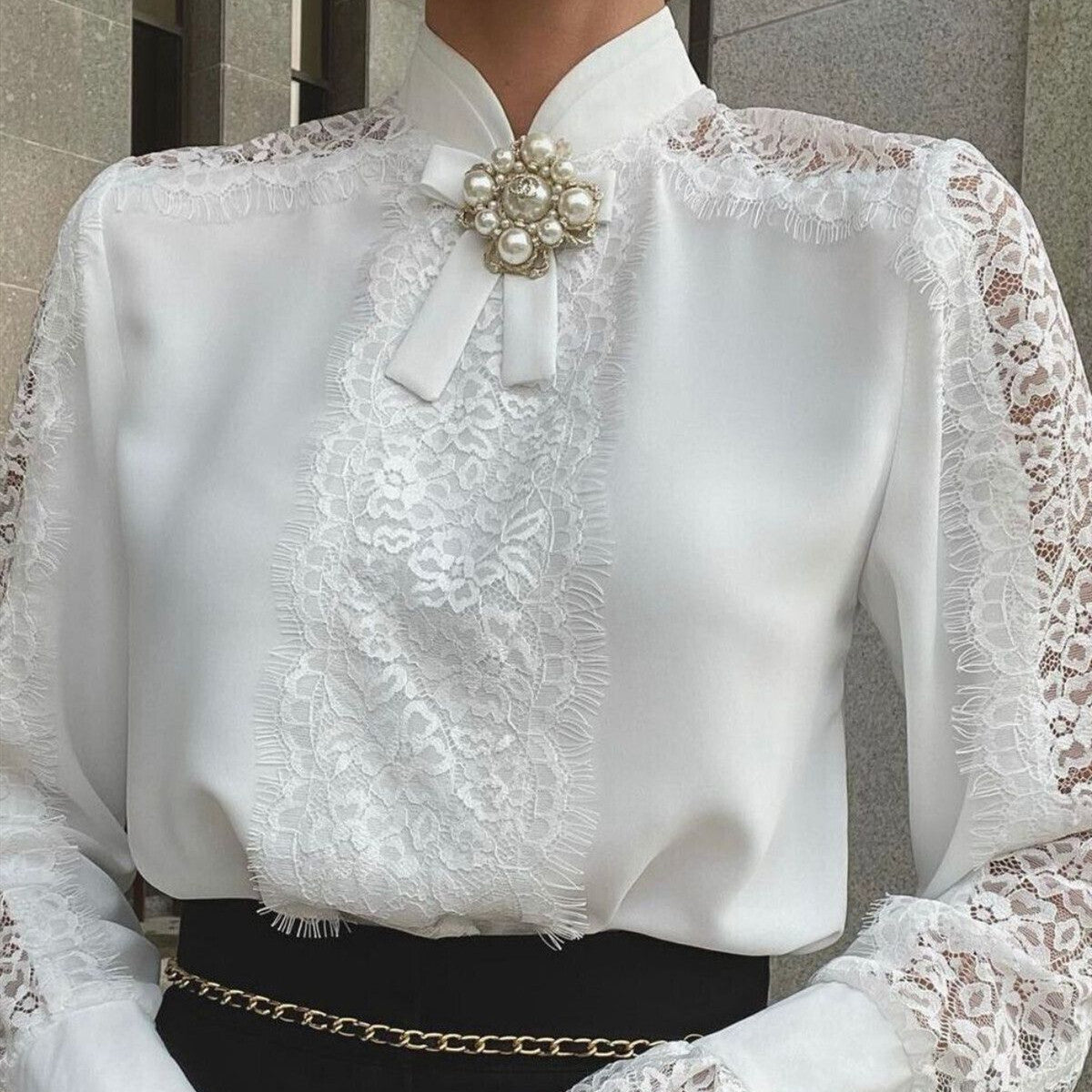 Women's Lace Patchwork Top Solid[; Color Shirt Long Sleeve