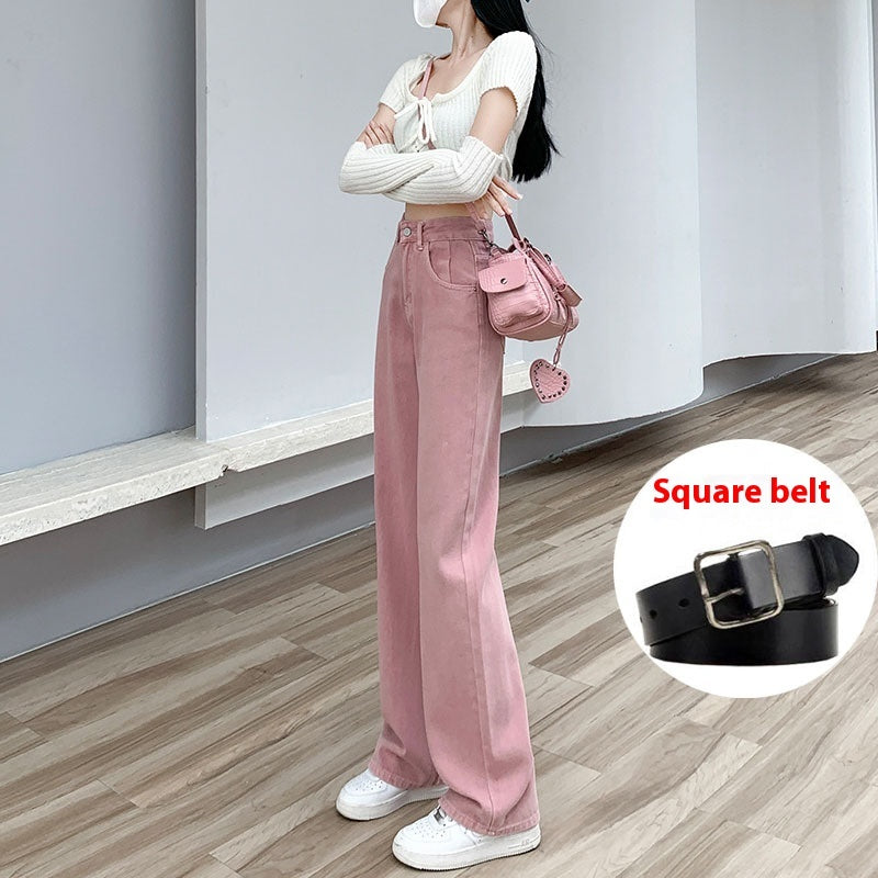 Dirty Pink Wide Leg Denim Women's High Waist Slimming Loose Straight Mop Pants