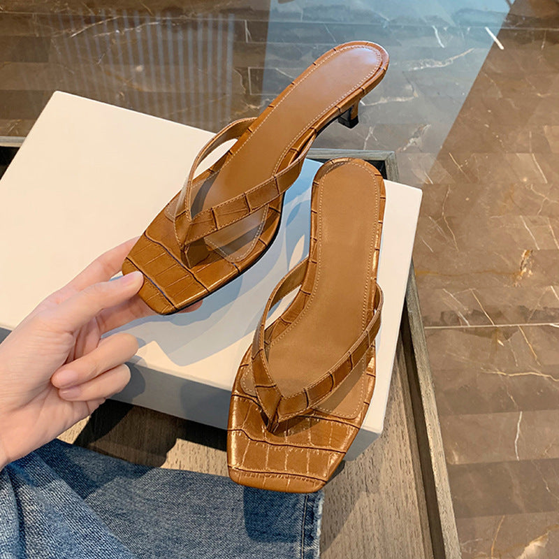 Elegant Square Toe Leather Flip-flops For Women's