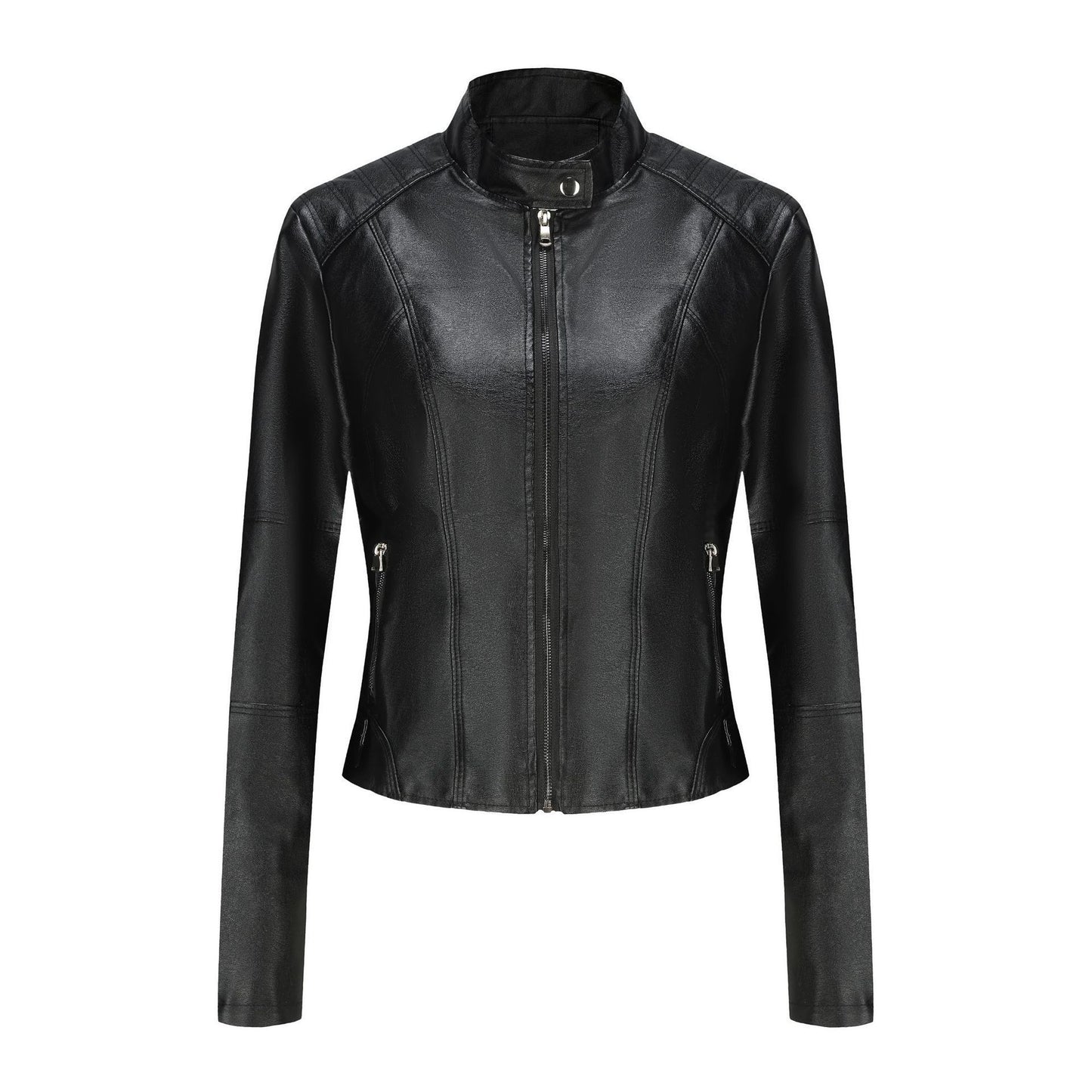 Short Slim-fit Leather Coat For Women's