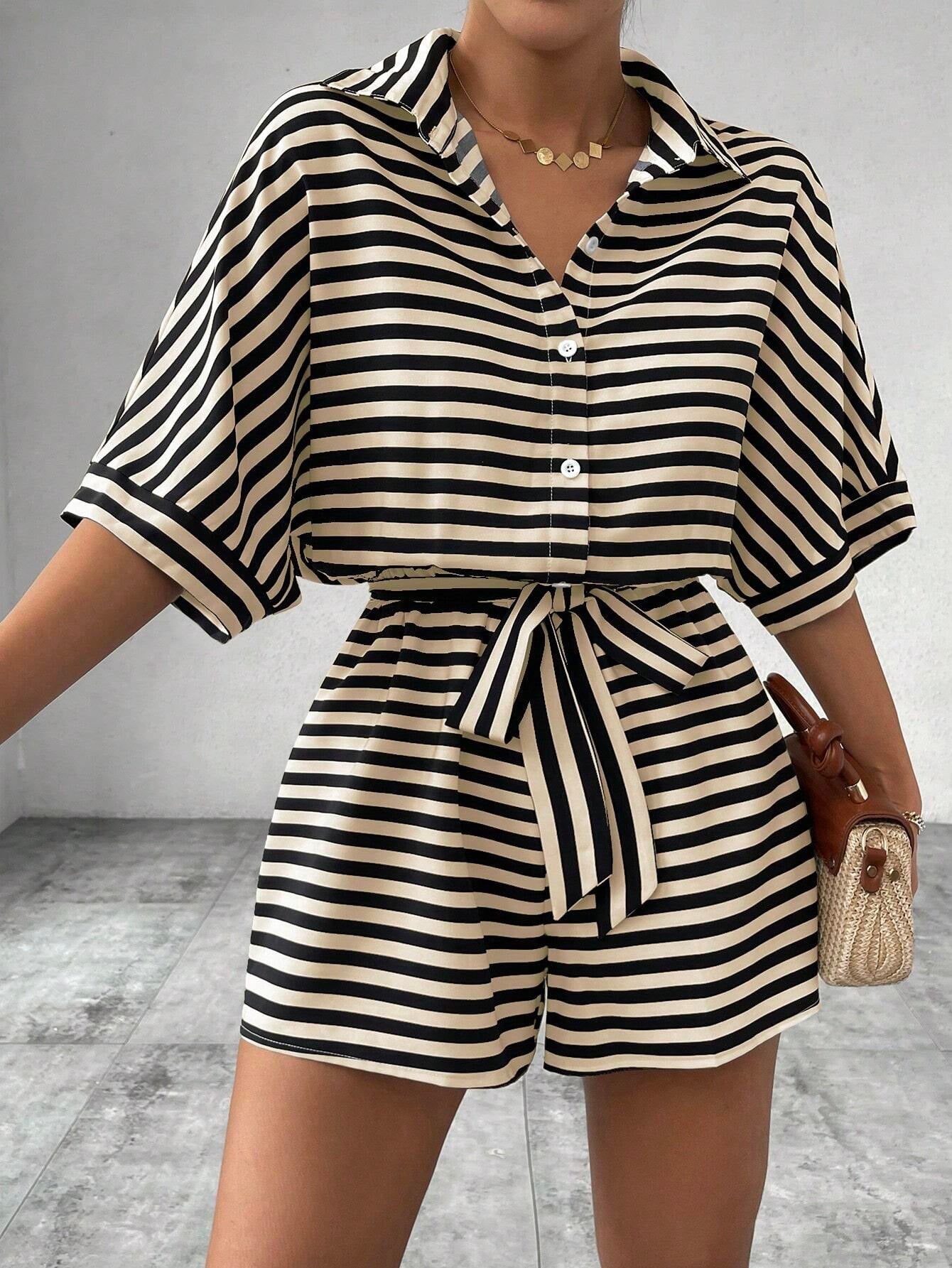 Striped Lapel Cardigan Button Half Sleeve Belt Shorts Suit Jumpsuit For Women's