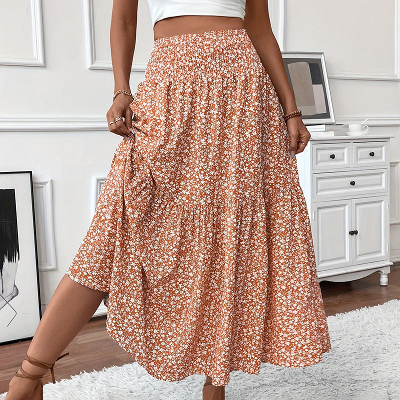 Boho Floral Maxi Skirt - High Elastic Waist, Pleated A-Line Long Skirt