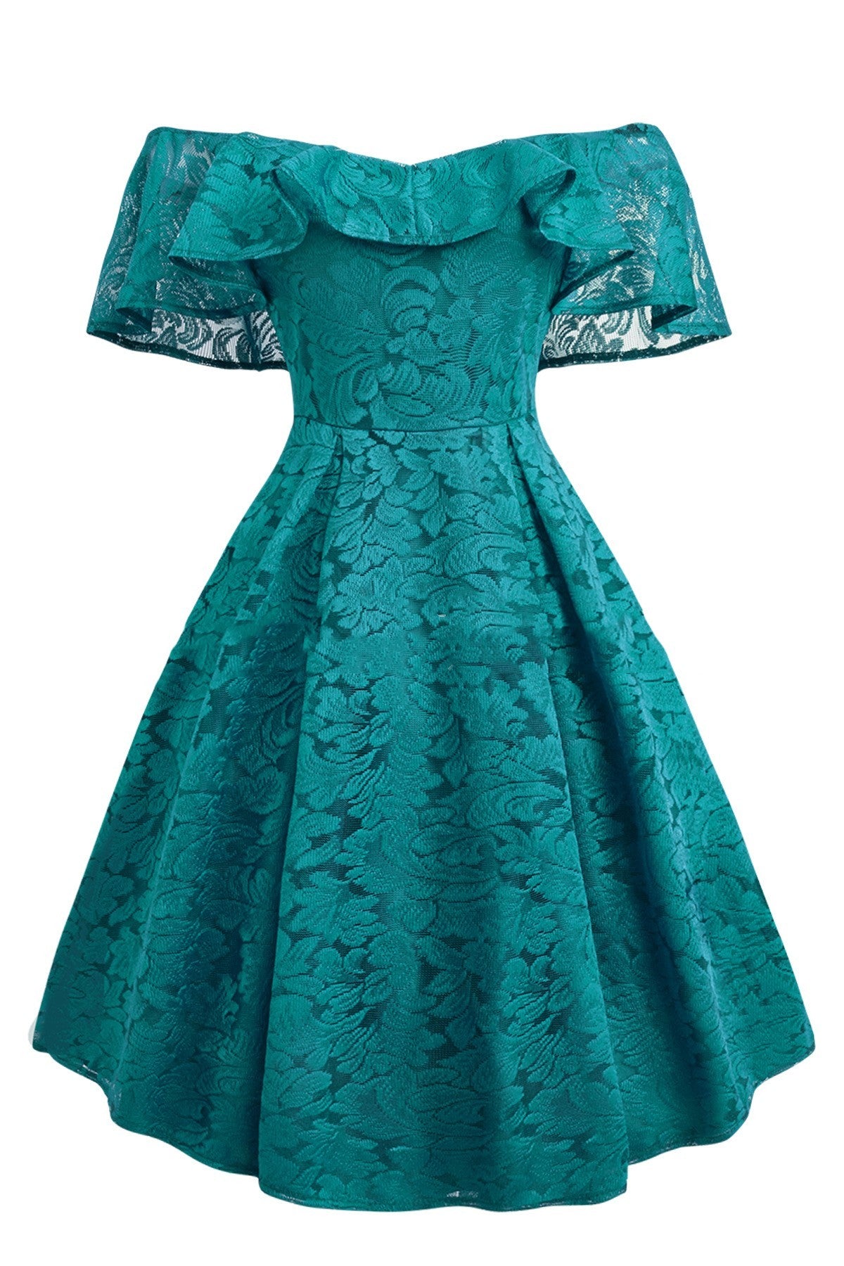 Romantic Lace Ruffle Sleeve Party Dress Strapless Retro Dress
