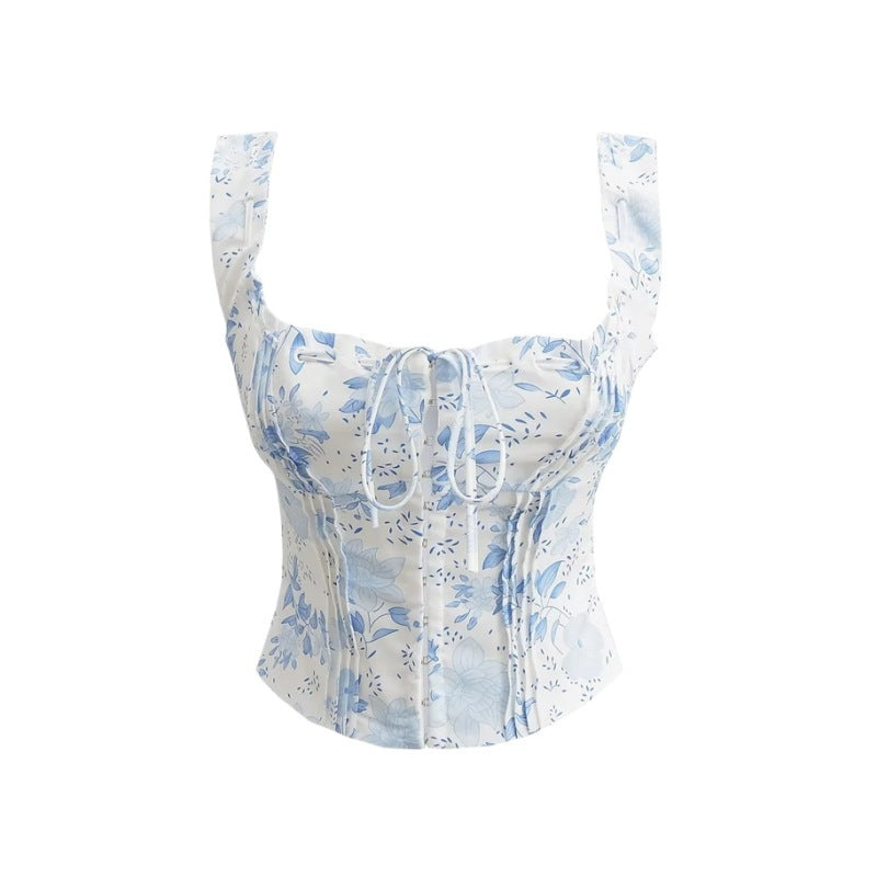 Summer New French Style Girl Sling Vest Lace-up Seaside Holiday Short Hook Top