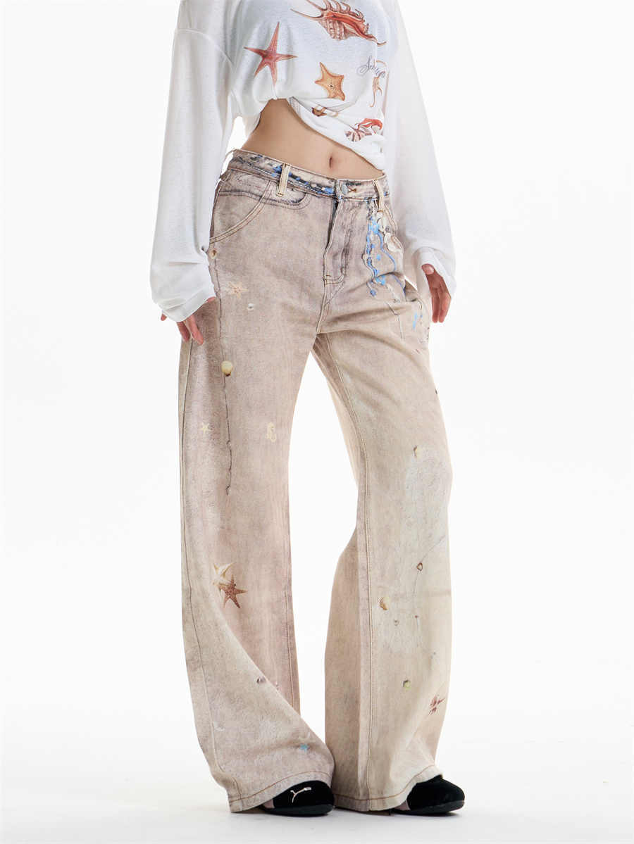 Retro Chain Print Worn Jeans Women's Straight Wide-leg Pants