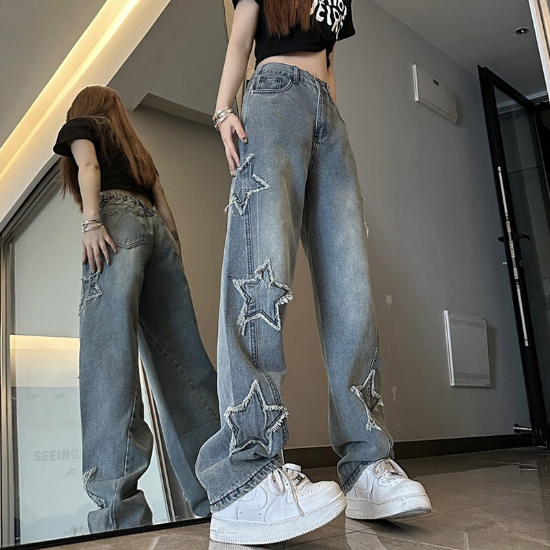Distressed Star Patch Jeans – Urban Grunge Denim Statement Blue XINGX Embroidered Jeans Women Loose Straight-leg Wide-leg Pants