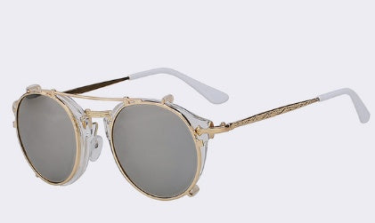 Retro Round Clip-On Sunglasses Fashionable And Vintage Dual Purpose Cover Mirror Flat Mirror Men's And Women's Sunglasses
