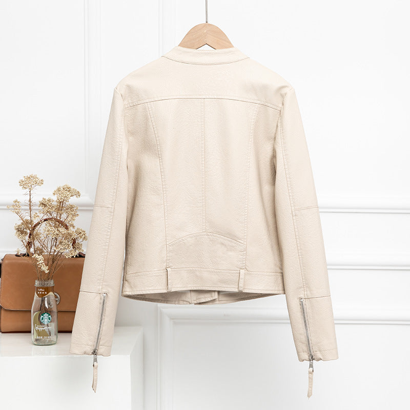 Cream Leather Short Aesthetic Jacket For Women's