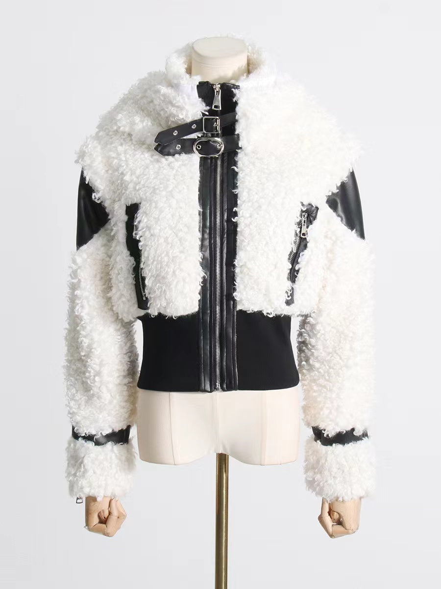 Lamb Wool Stitching PU Leather Zipper Jacket Women's