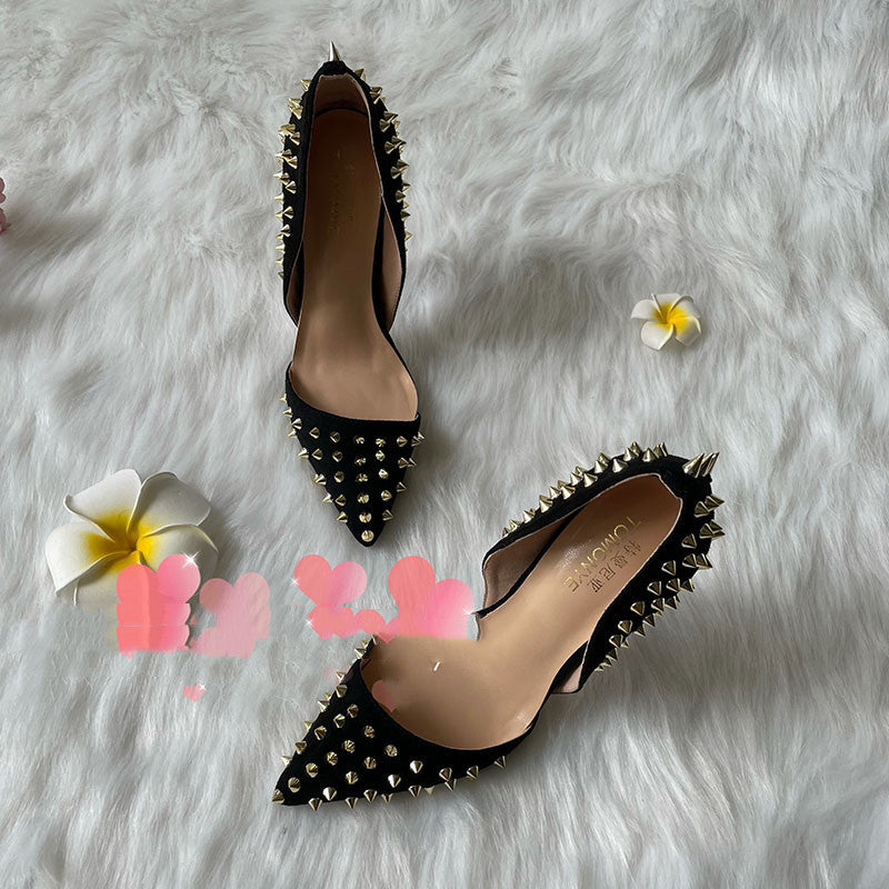 Fierce & Fabulous: Black Studded Stiletto Suede Gold Rivet Heels Shoes For Women's