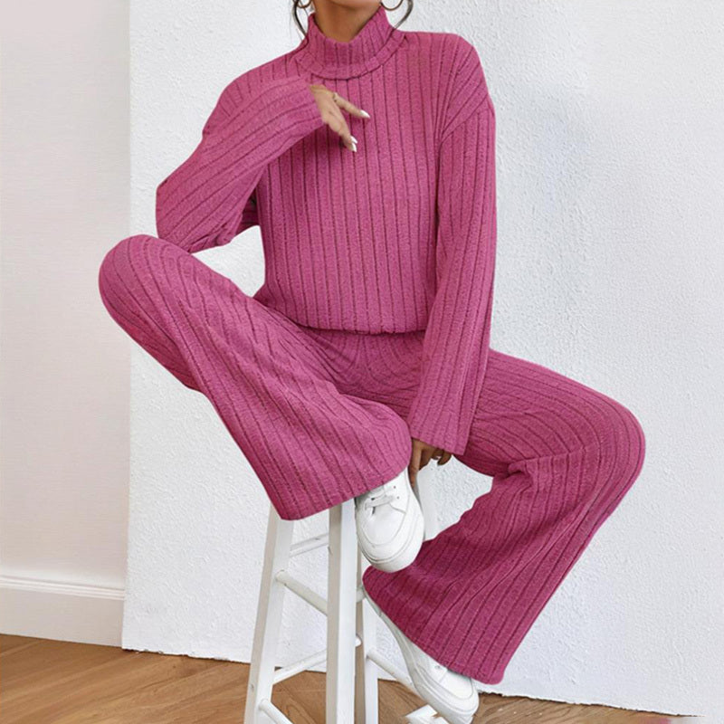 Solid Color 2-Piece Set High Neck Long Sleeve Top & Pants, Striped Loungewear