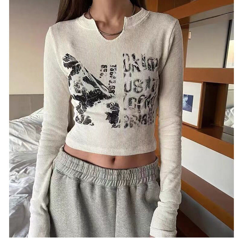 Design Crack Distressed Print Cropped Navel Slim Fit Long Sleeves