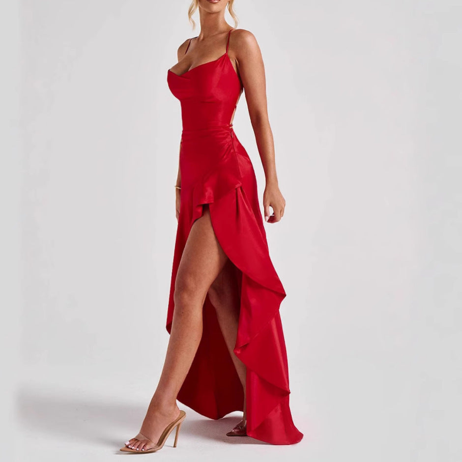 Backless Ruffles Irregular Dress Summer Fashion Evening Party Club Split Suspender Maxi Dresses Clothing