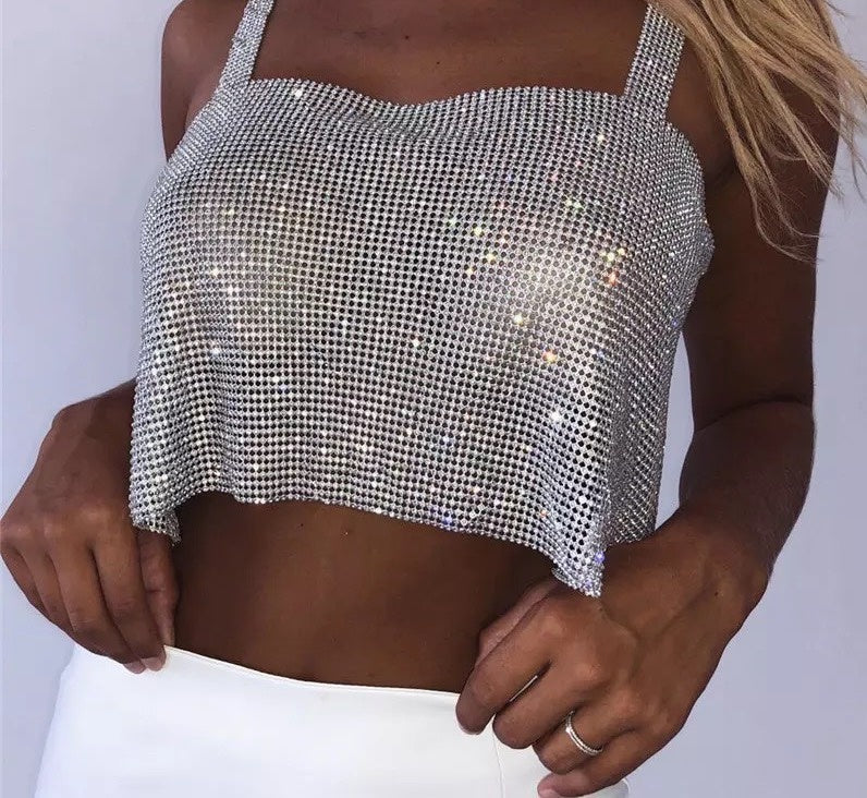 Bling Rhinestones Party Crop Top Full Diamonds Sequins Top