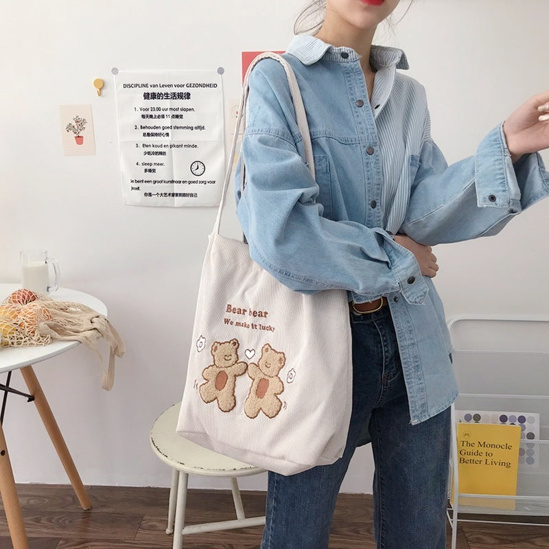 Corduroy Shoulder Bag Lucky Bears Embroidery Striped Canvas Handbag Eco Cloth Tote Cute Soft Shopping Bags For Women