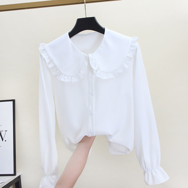 Adorable Ruffled Collar Blouse - Pink & White Loose Korean Style Doll Collar Top Coat