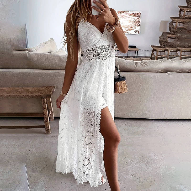 Summer Elegant Lace Jumpsuit - V-Neck Sleeveless Romper With Intricate Detailing