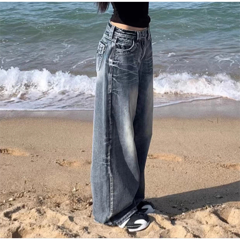 Faded Washed Wide-Leg Jeans – Vintage Y2K Streetwear Denim Distressed Straight Wide Leg Vintage Blue High Waist Jeans For Women