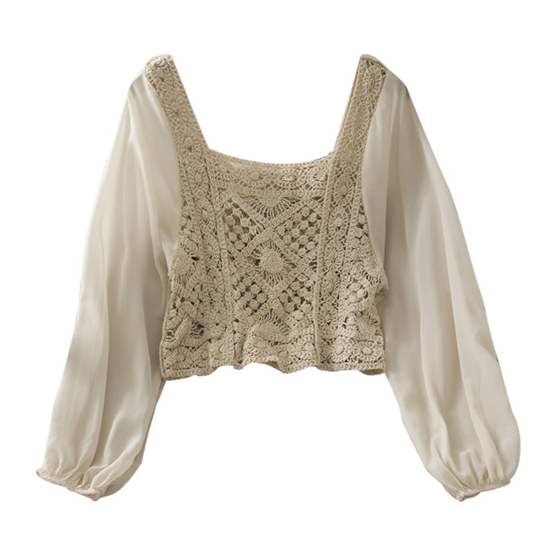 Elegant Crochet Panel Blouse | Sheer Sleeve Square Neck Top Women's Chiffon Panel Puff Long Sleeve Top