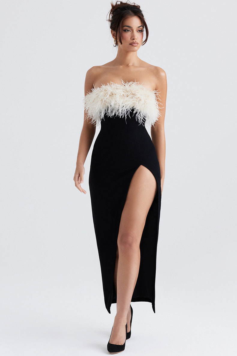 American Off-shoulder Contrast Color Ostrich Hair Tube Top High Slit Bandage One-piece Dress