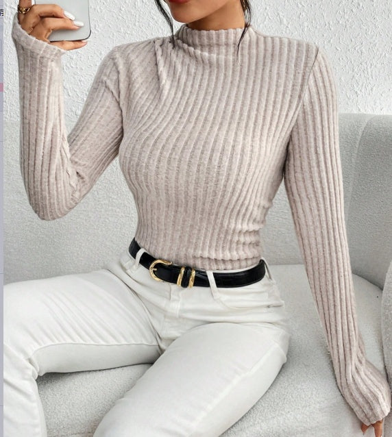 Ribbed Mock Neck Knit Jumpsuit Long Sleeve Slim Casual Jumpsuit, High Neck Ribbed Knit Long Sleeve Women's Bodysuit For Spring And Autumn, Versatile Casual Jumpsuit.