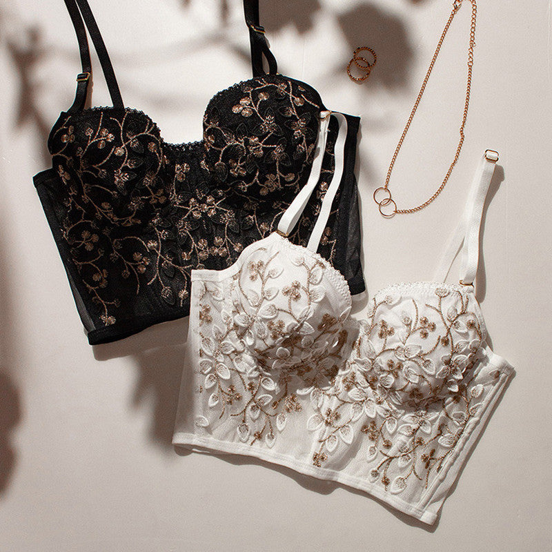 Floral Embroidered Bustier Lingerie - Sheer Lace Crop Top & Thong Set Women's French Embroidery Lace Bra